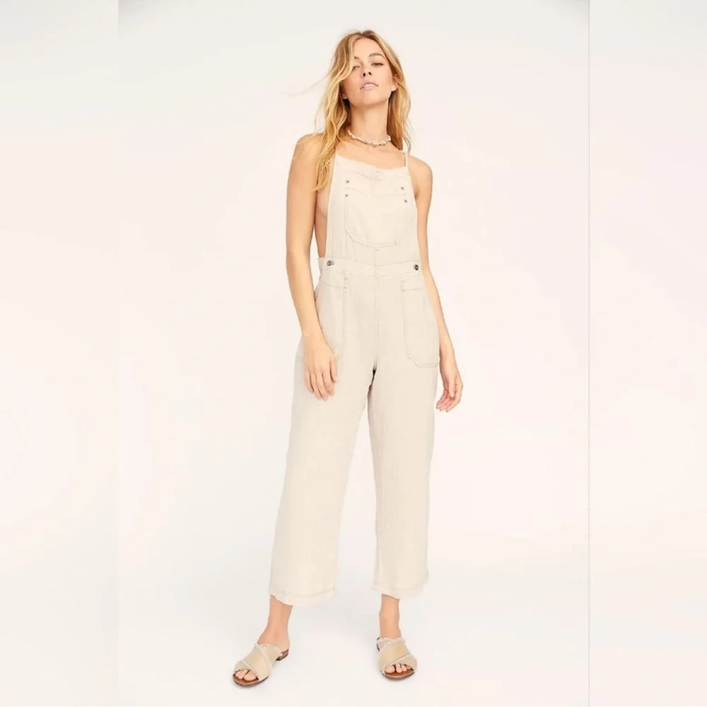 Free People Cream Linen Blend Wide-Leg Overalls